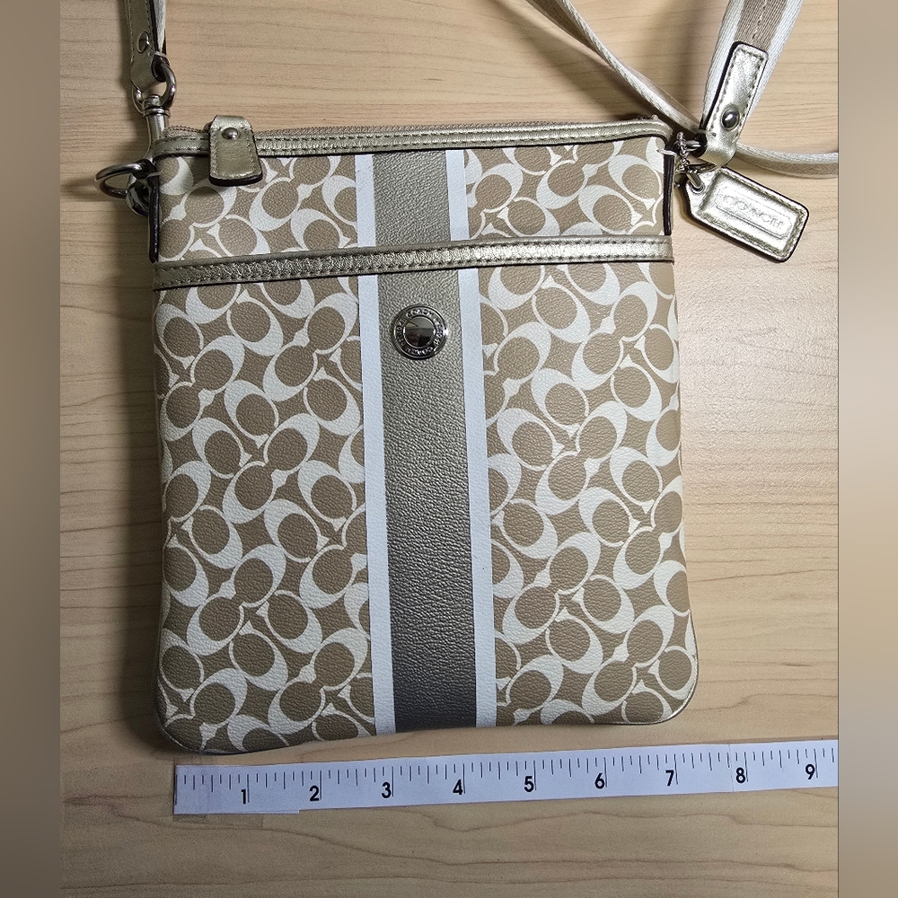 COACH Khaki and Gold Swingpack Crossbody Bag Coated Canvas Signature Stripe - Picture 5 of 16